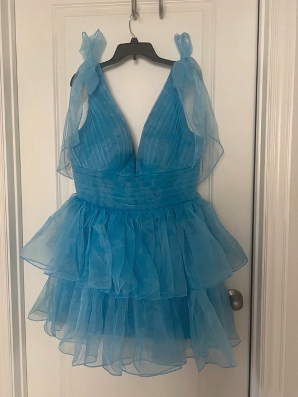 Blue Tie-Shoulder Ruffled V-Neck Mini Dress - Picture 5 of 12